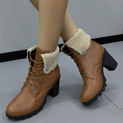 Lace Up Block Heels Boots - Light Brown - View 2