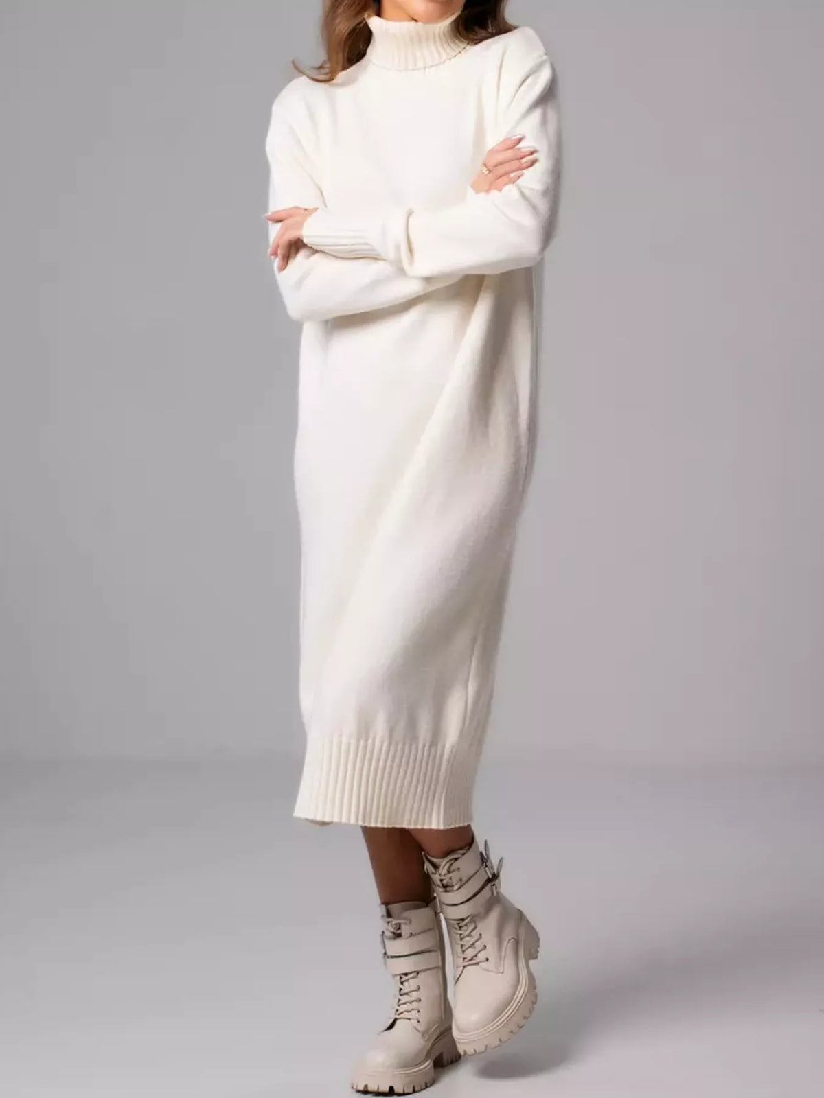 Turtleneck Ribbed Knit Sweater Dress - White - View 9