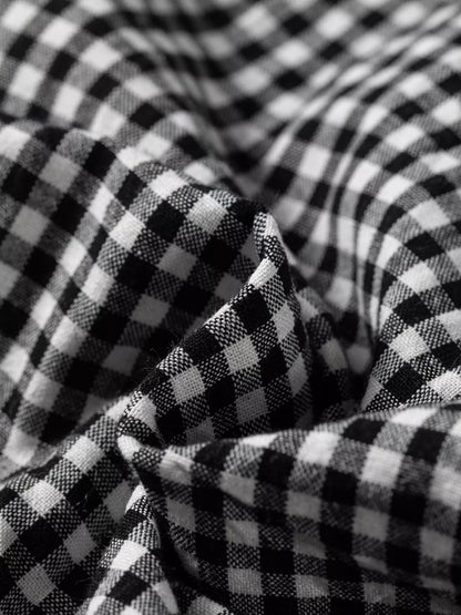 Plaid Shirred Cuff Long Sleeve Round Neck Blouse - Black - View 10
