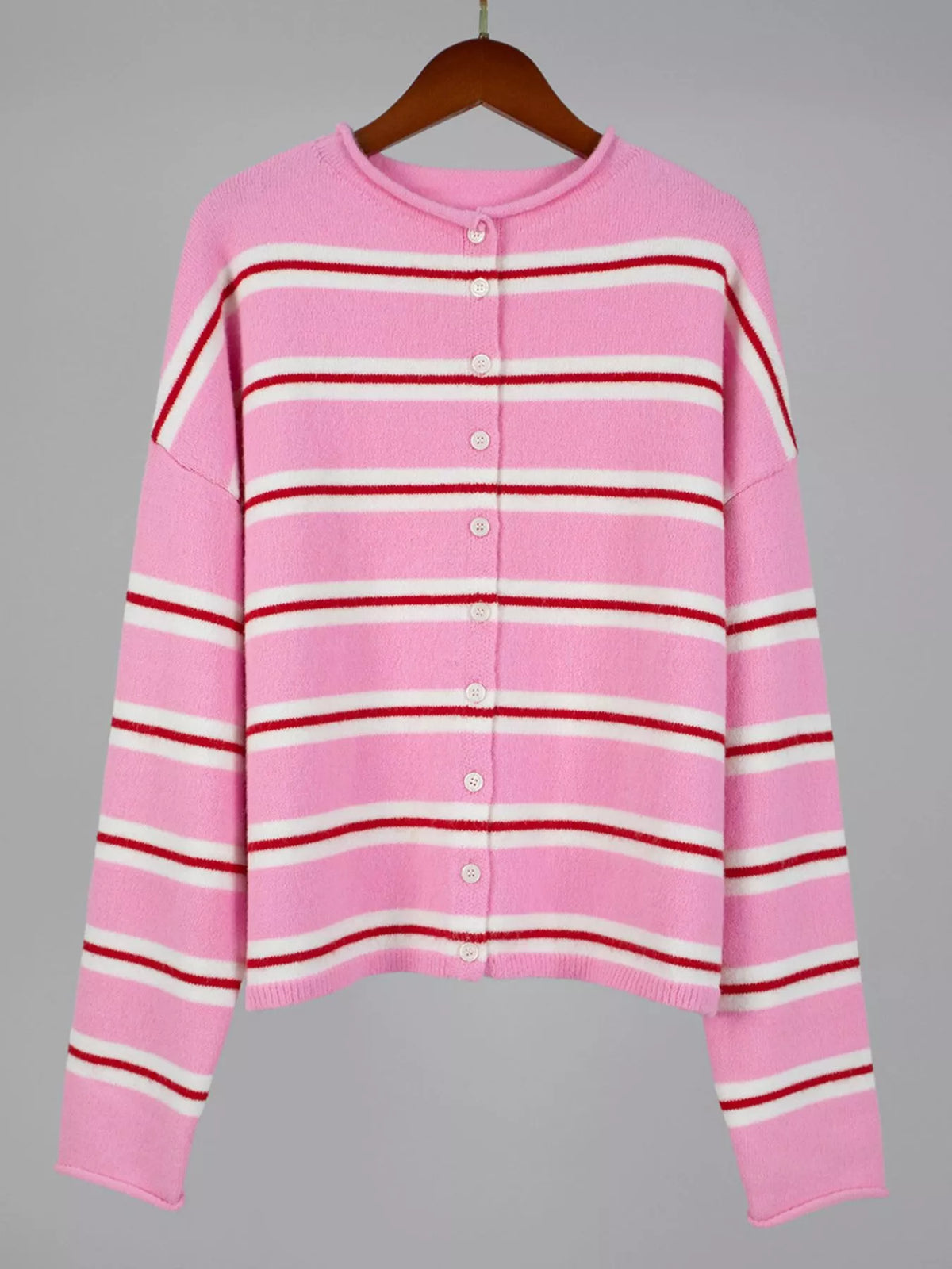 Striped Button-Down Knit Cardigan - Fuchsia Pink - View 5