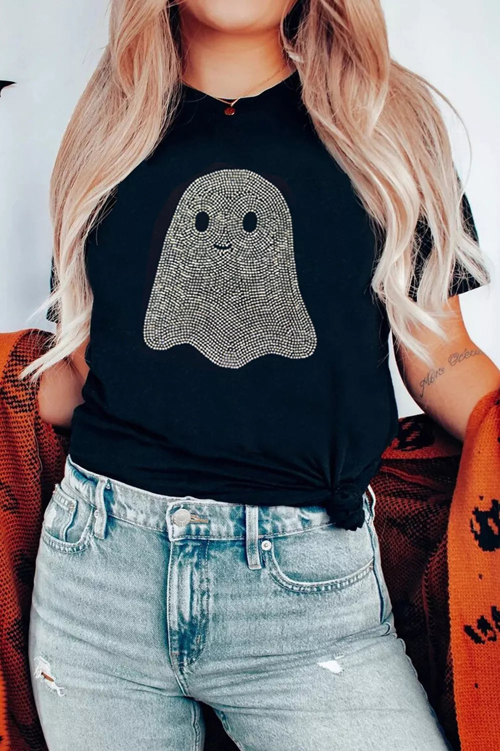 Full Size Rhinestone Ghost Round Neck T-Shirt Plus Size - Black - View 3