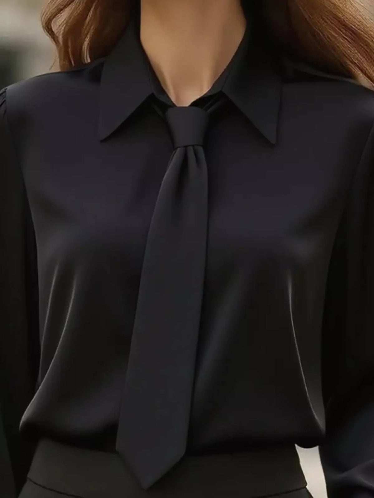 Collared Neck Long Sleeve Blouse - Black - View 8