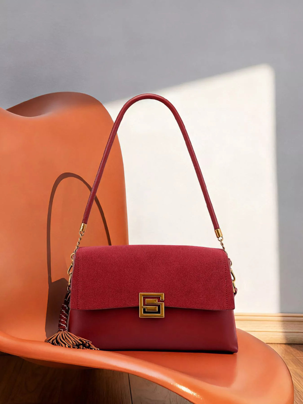 Gold-Tone Hardware Crossbody Bag - Wine Red - View 4