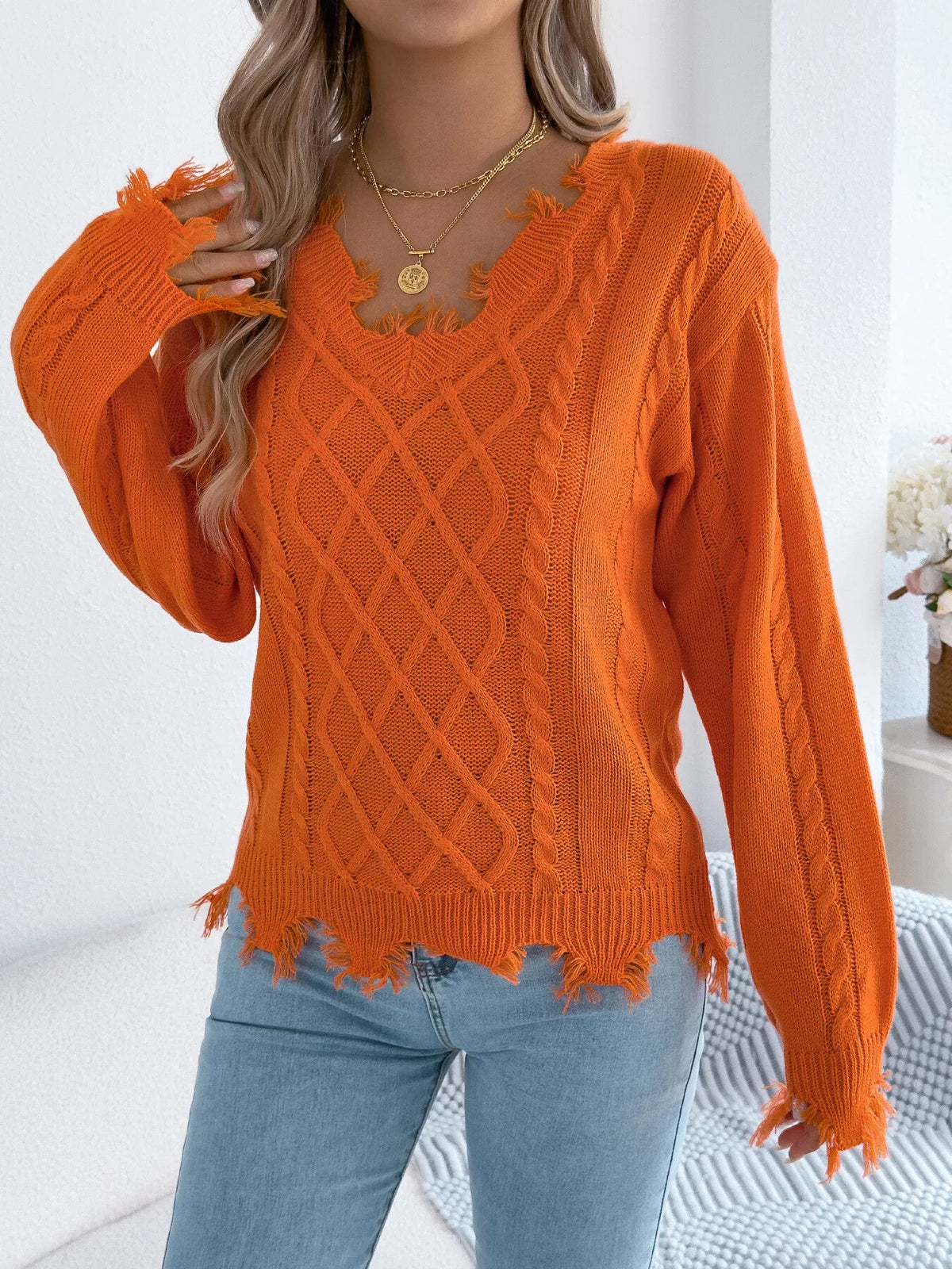 V-Neck Distressed Hem Cable Knit Sweater - Orange - View 6