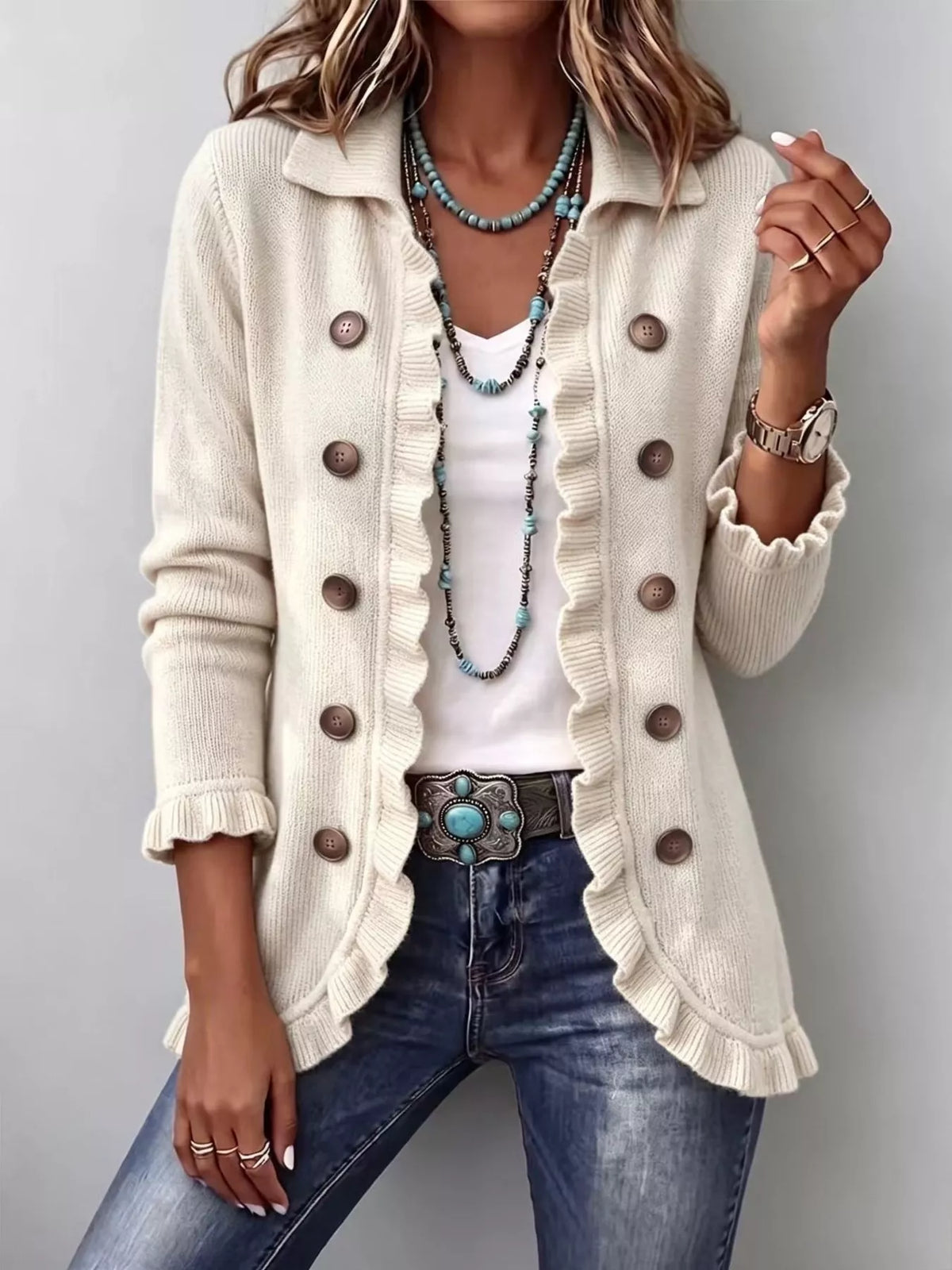 Full Size Ruffled Trim Decorative Button Cardigan Plus Size - Apricot - View 1