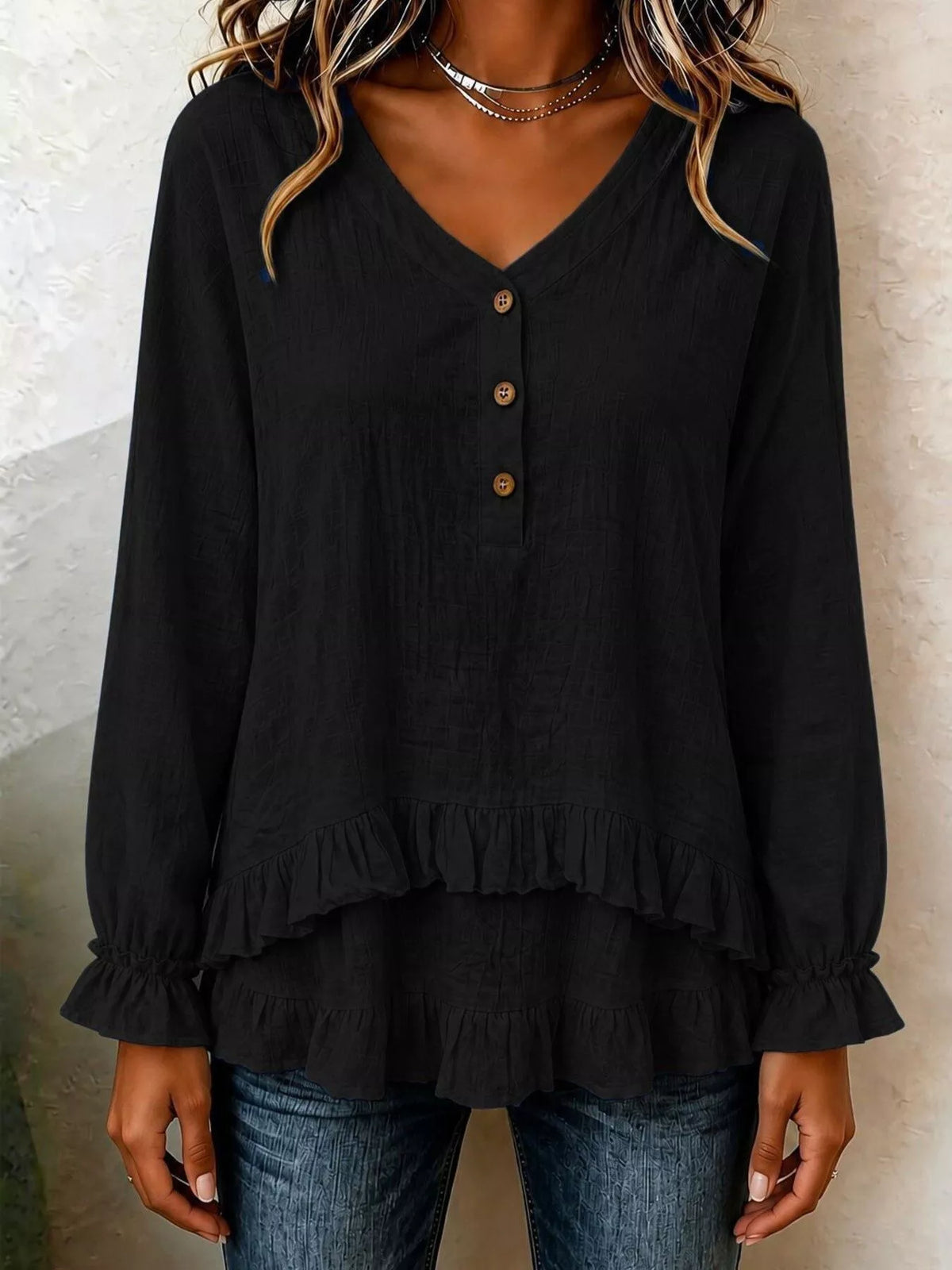 V-Neck Long Sleeve Button Detail Ruffled Hem Blouse - Black - View 1