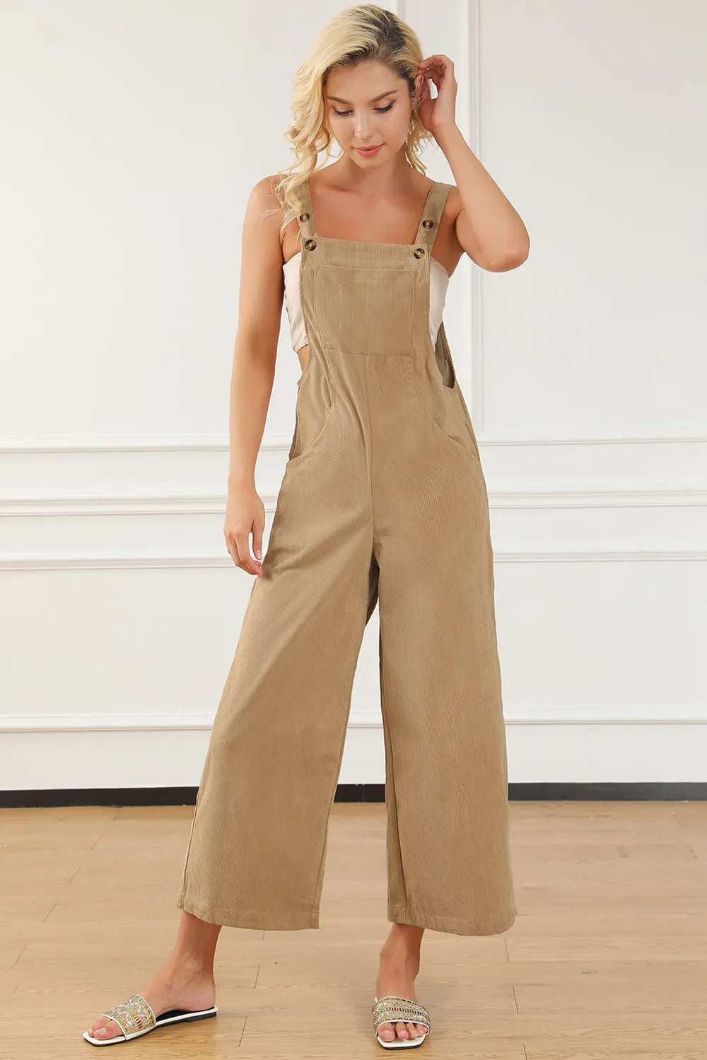 Pocketed Wide Leg Overall - Tan - View 17