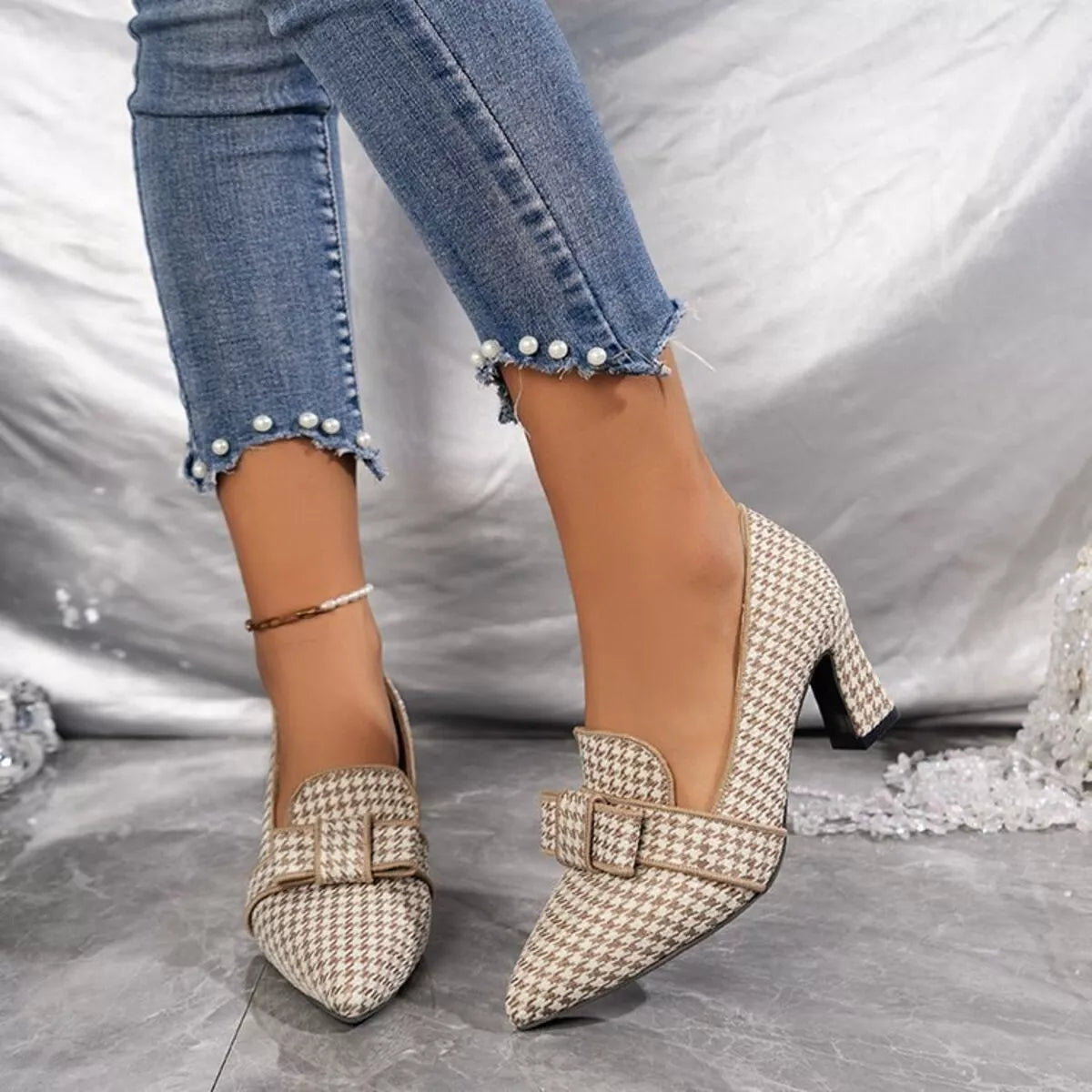 Point Toe Block Heels Pumps - Khaki Color - View 4