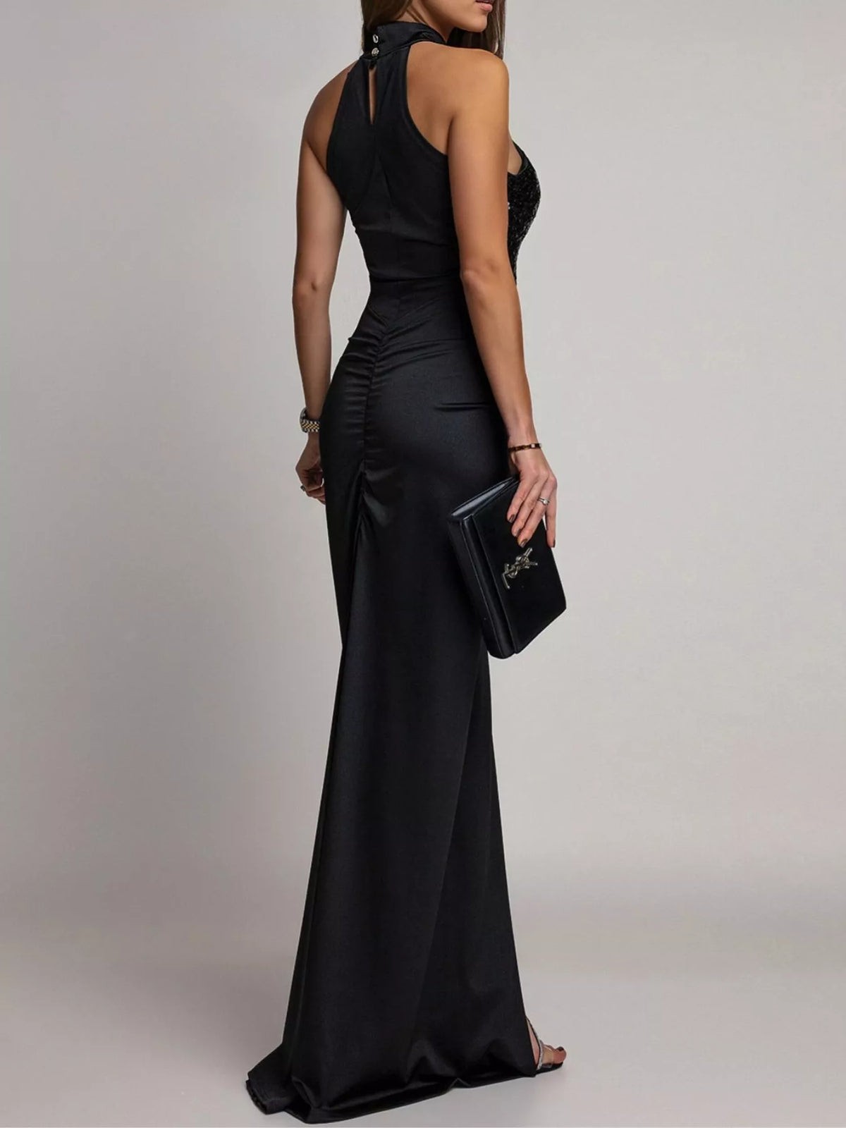 Sequin High Slit Sleeveless Maxi Dress - Black - View 2