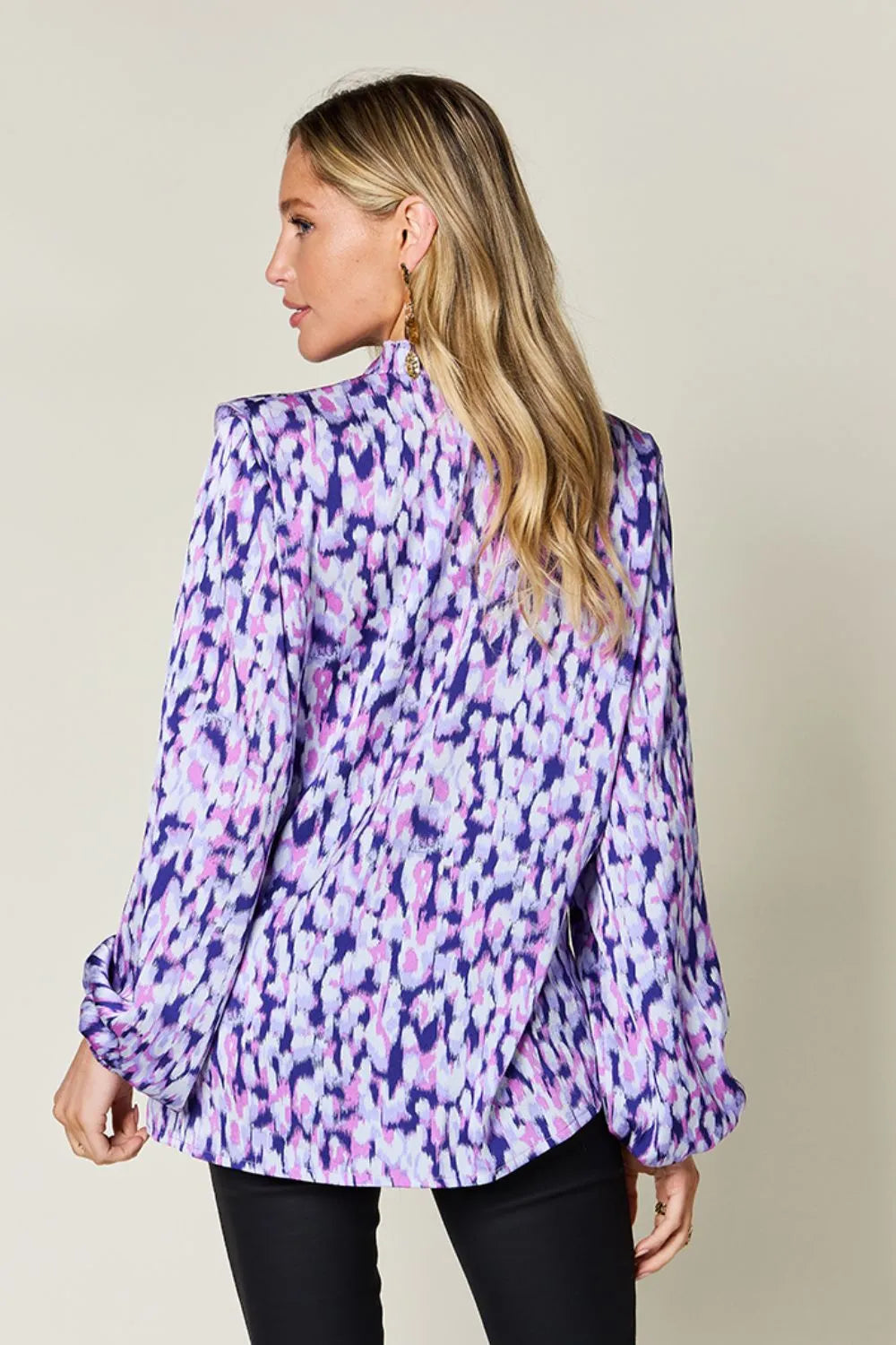 Double Take Full Size Printed Ruffle Trim Balloon Sleeve Shirt Plus Size - Blue Purple - View 3
