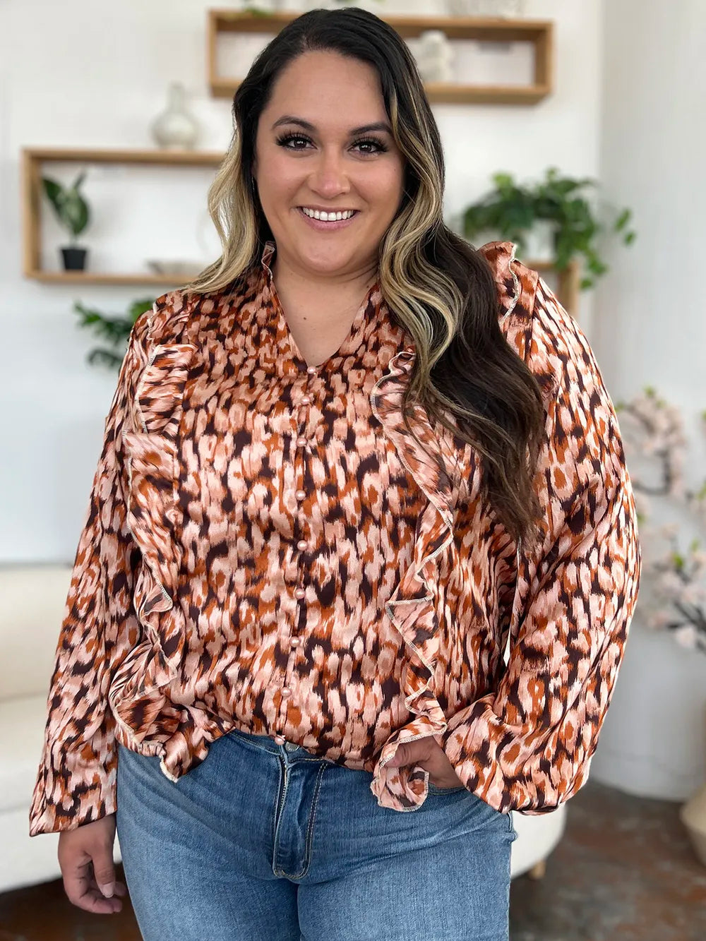 Double Take Full Size Printed Ruffle Trim Balloon Sleeve Shirt Plus Size - Caramel - View 8