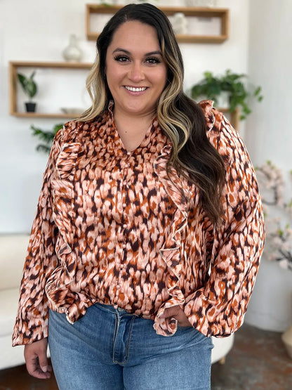 Double Take Full Size Printed Ruffle Trim Balloon Sleeve Shirt Plus Size - Caramel - View 8