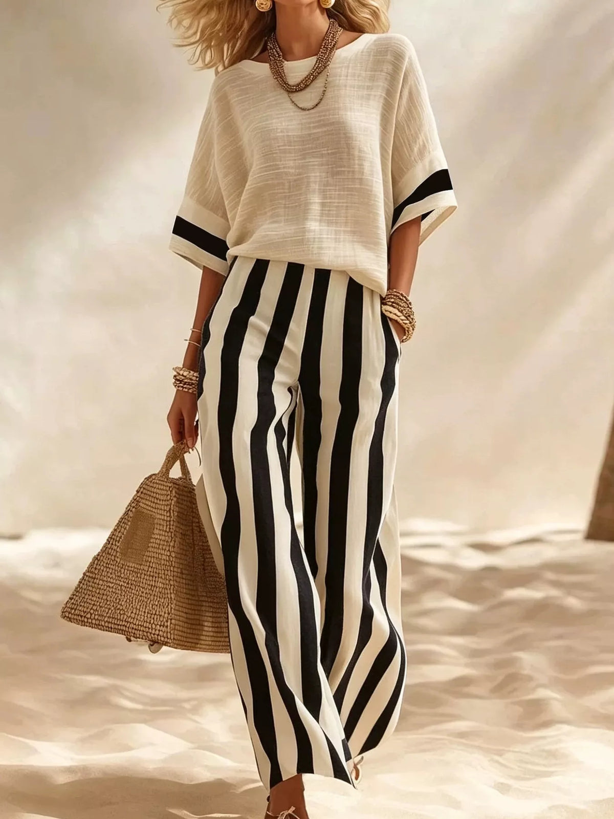 Full Size Striped Half Sleeve Top and Pants Set Plus Size - Black - View 1