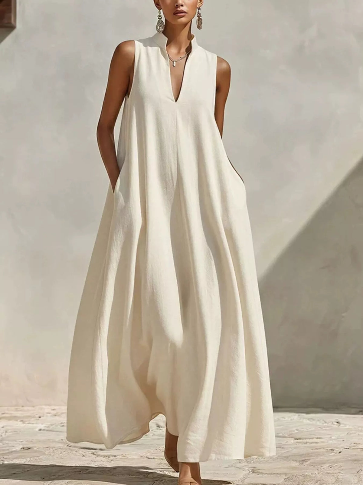 Sleeveless Maxi Dress with Side Pockets - White - View 1