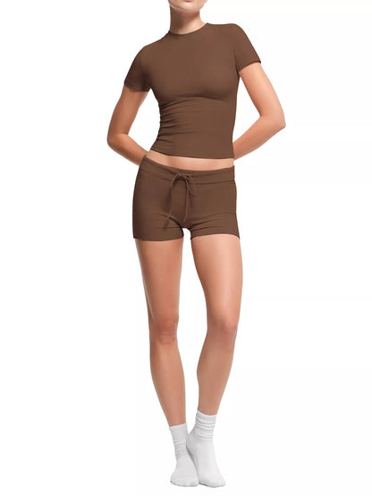 Mock Neck Crop Top and Drawstring Shorts Set - Brown - View 3