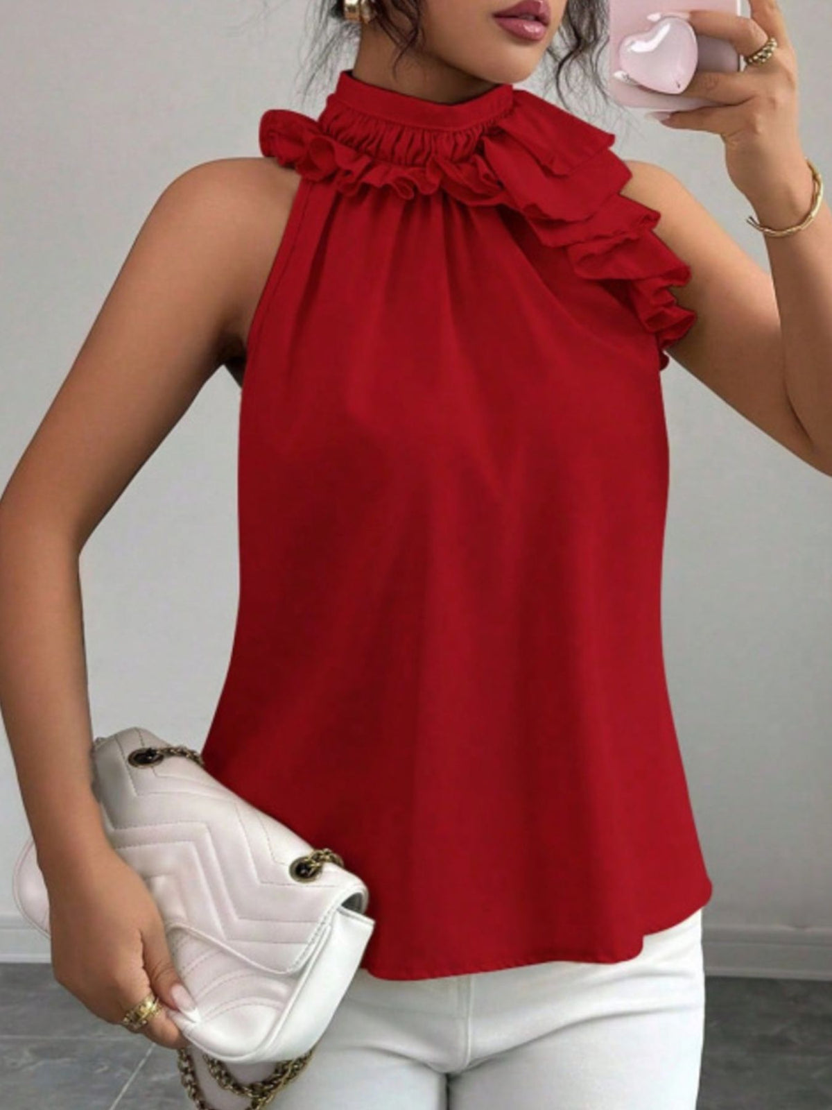 Ruffle High Neck Sleeveless Top - Red - View 16
