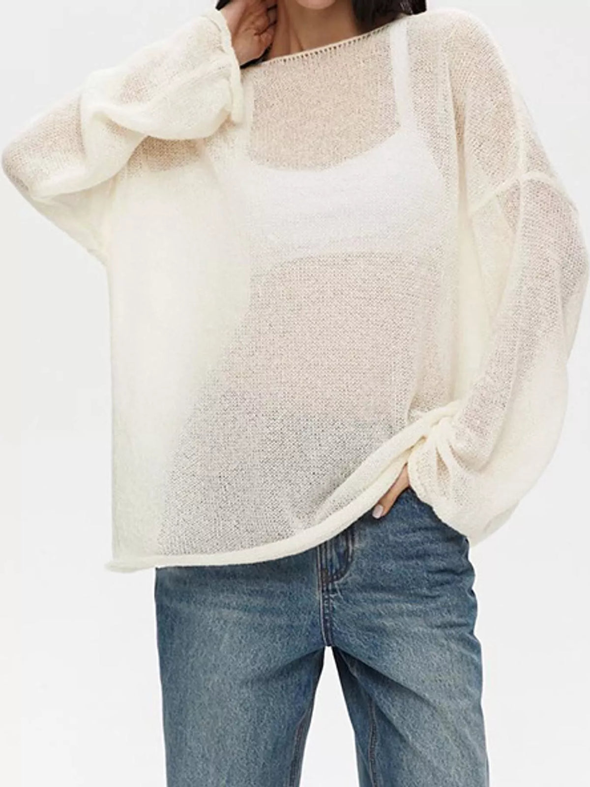 Lightweight Dropped Shoulder Knit Cover Up - Off White - View 19