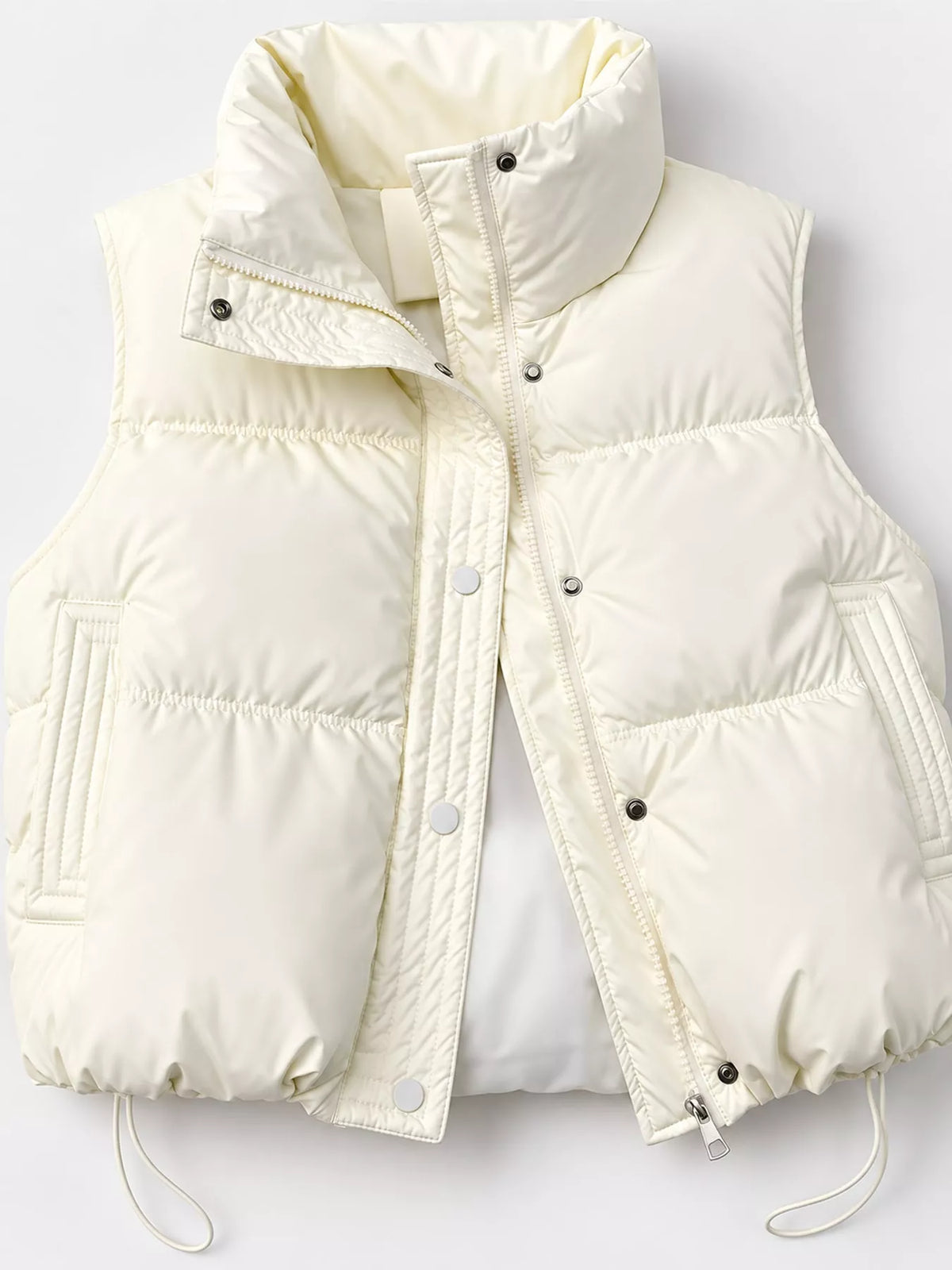 Drawstring Snap Down Puffer Vest Coat - White - View 15