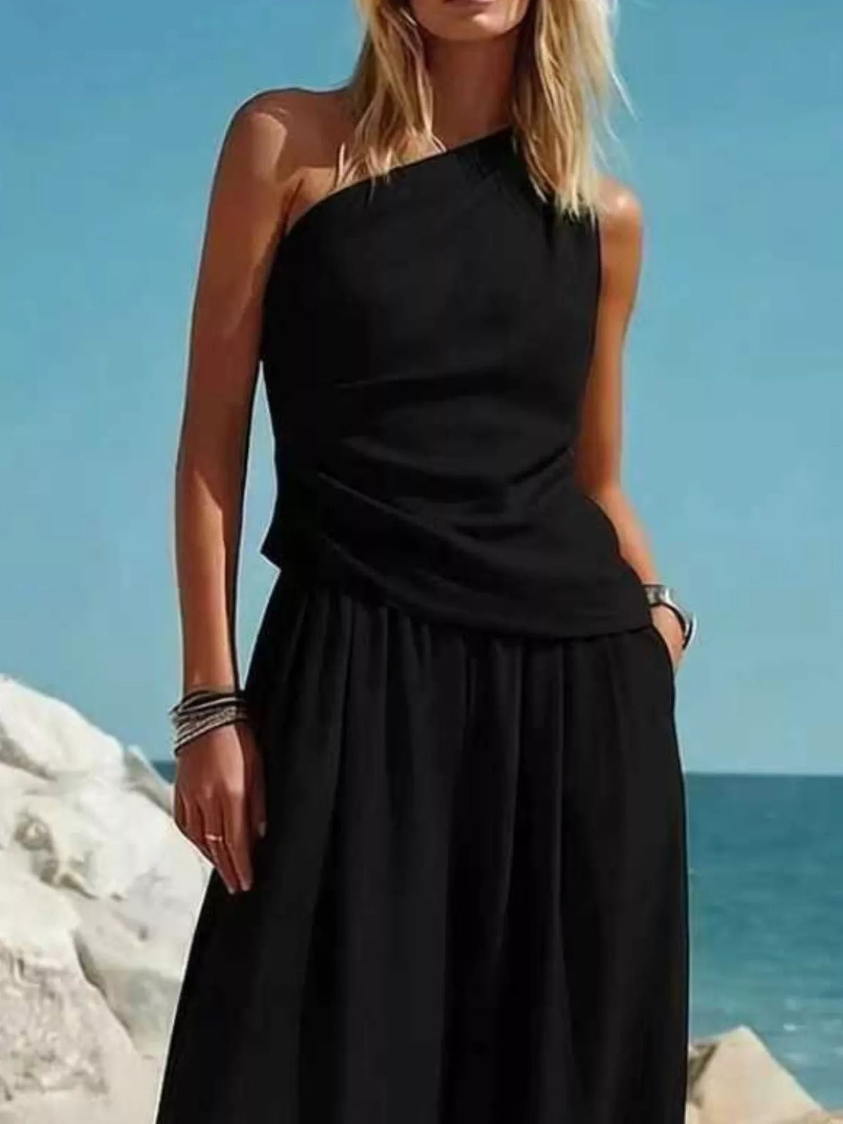 Full Size One-Shoulder Sleeveless Top and Harem Pants Set Plus Size - Black - View 2