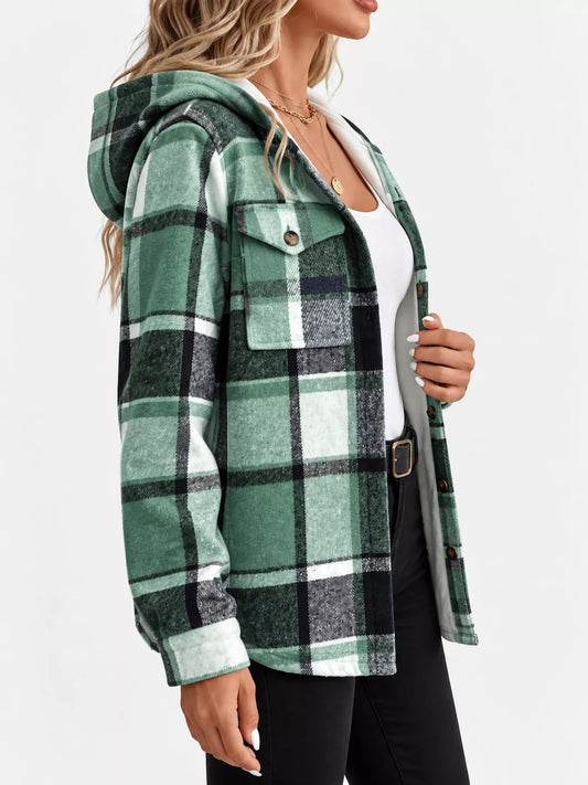 Fleece-Lined Plaid Button Up Shacket - Green - View 2
