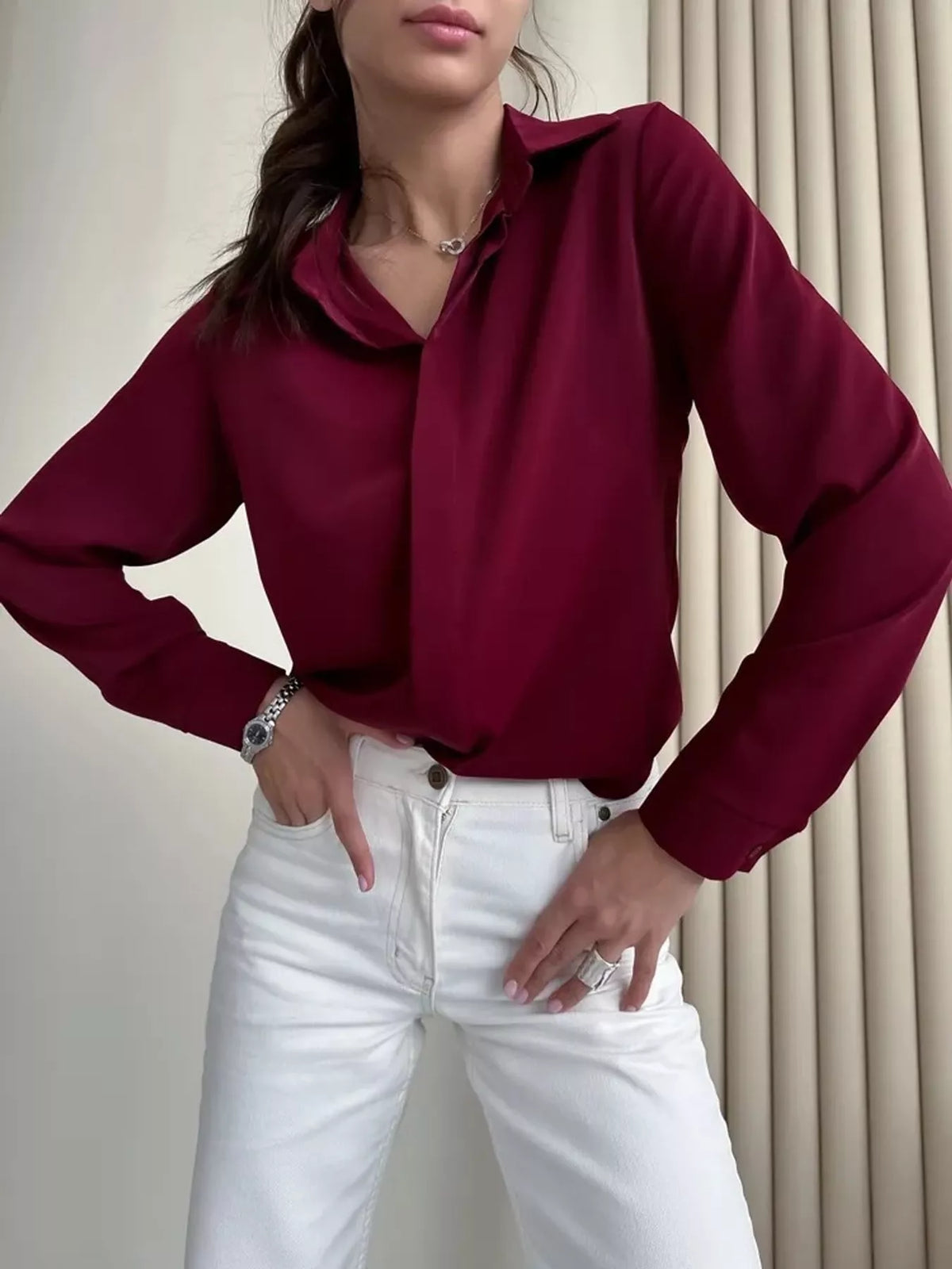 Button Up Long-Sleeve Shirt - Burgundy - View 61