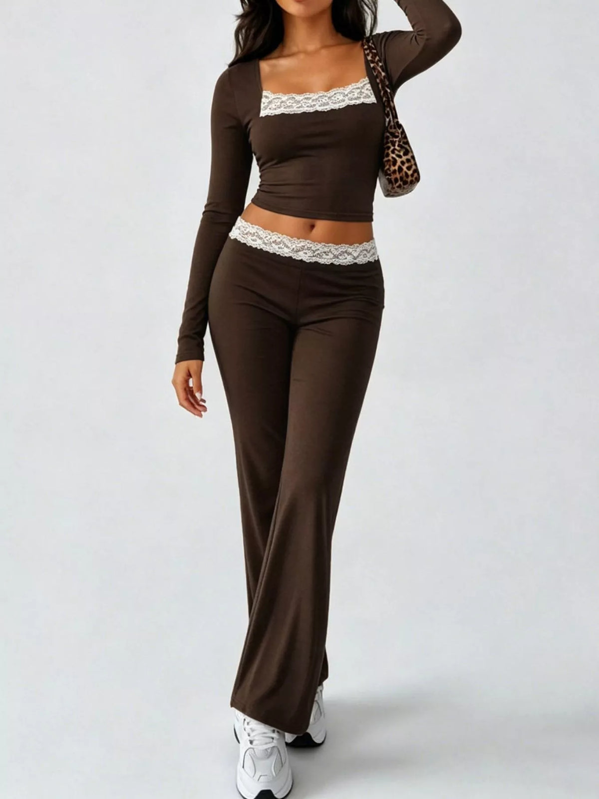 Long Sleeve Lace Trim Crop Top and Wide Leg Pants Set - Brown - View 3
