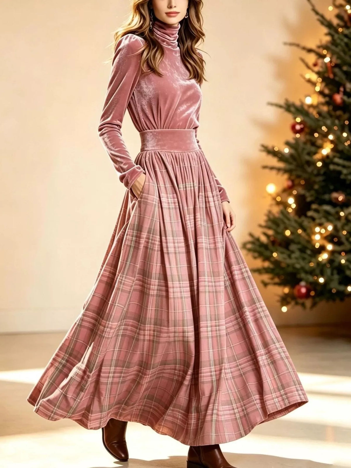 Velvet Turtleneck Top and Plaid Maxi Skirt Two-Piece Set - Pink - View 1
