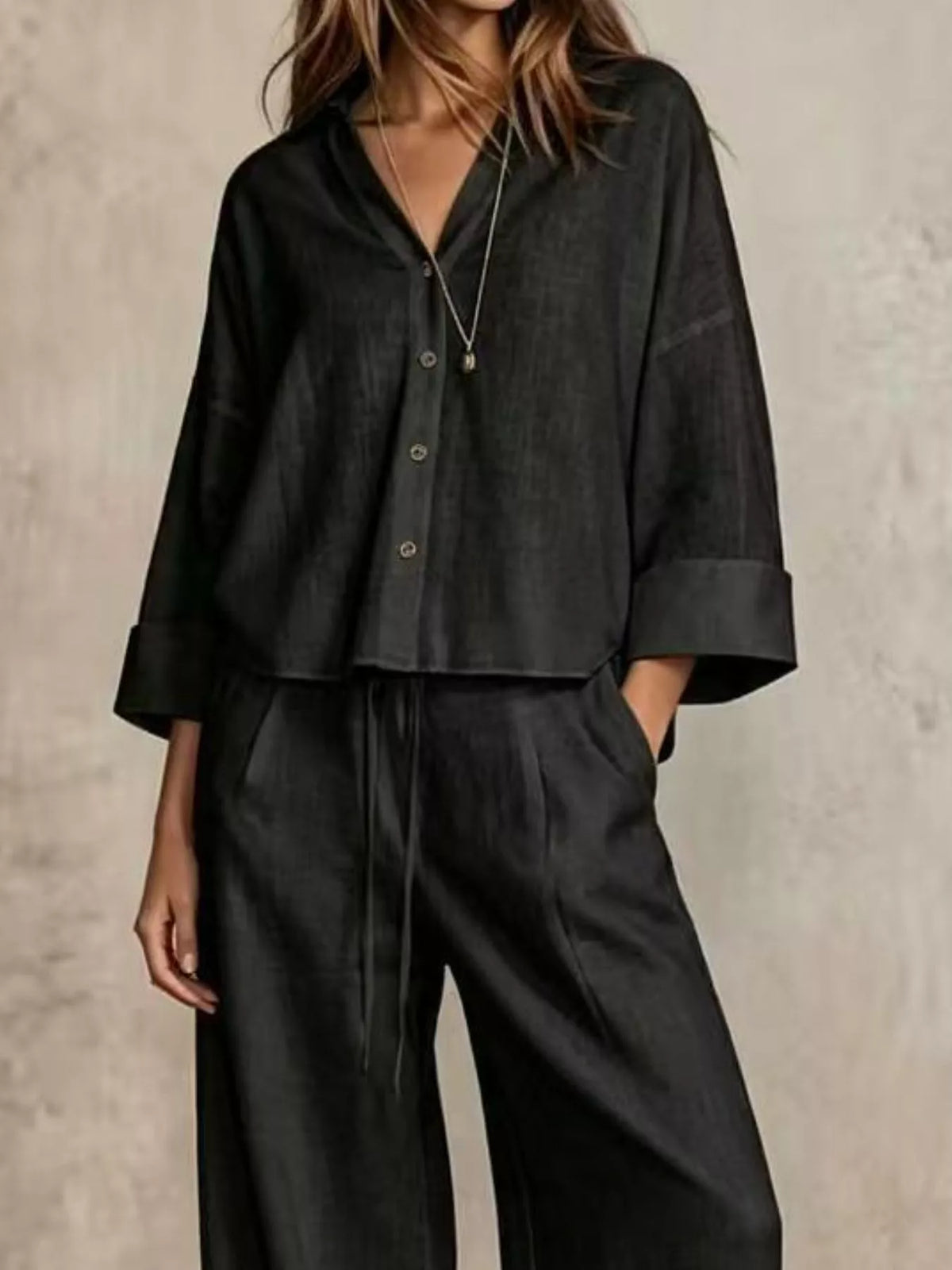 Full Size Button-Down Shirt and Wide-Leg Pants Set Plus Size - Black - View 5