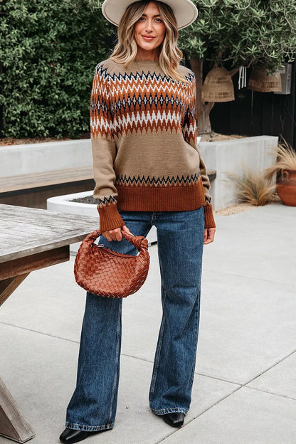Geometric Pattern Long Sleeve Sweater - Taupe - View 6