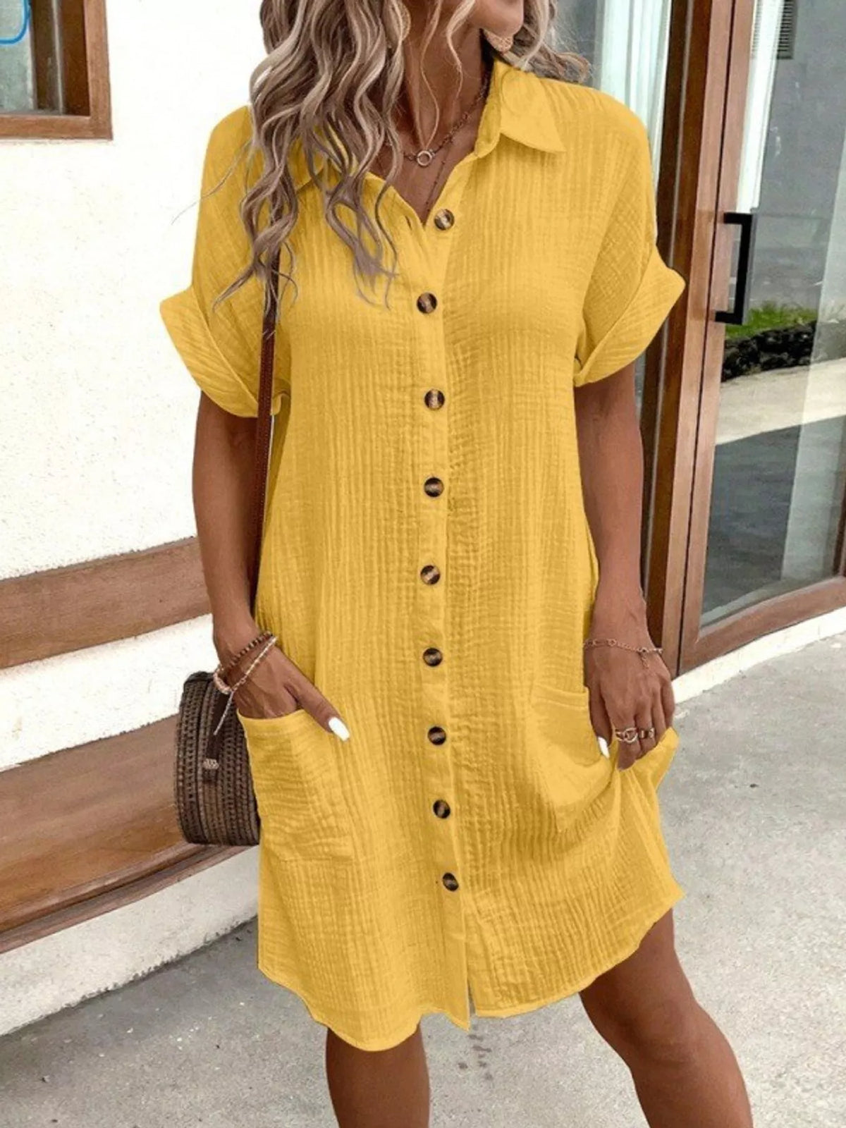 Full Size Button-Down Textured Shirt Dress with Pockets Plus Size - Yellow - View 9