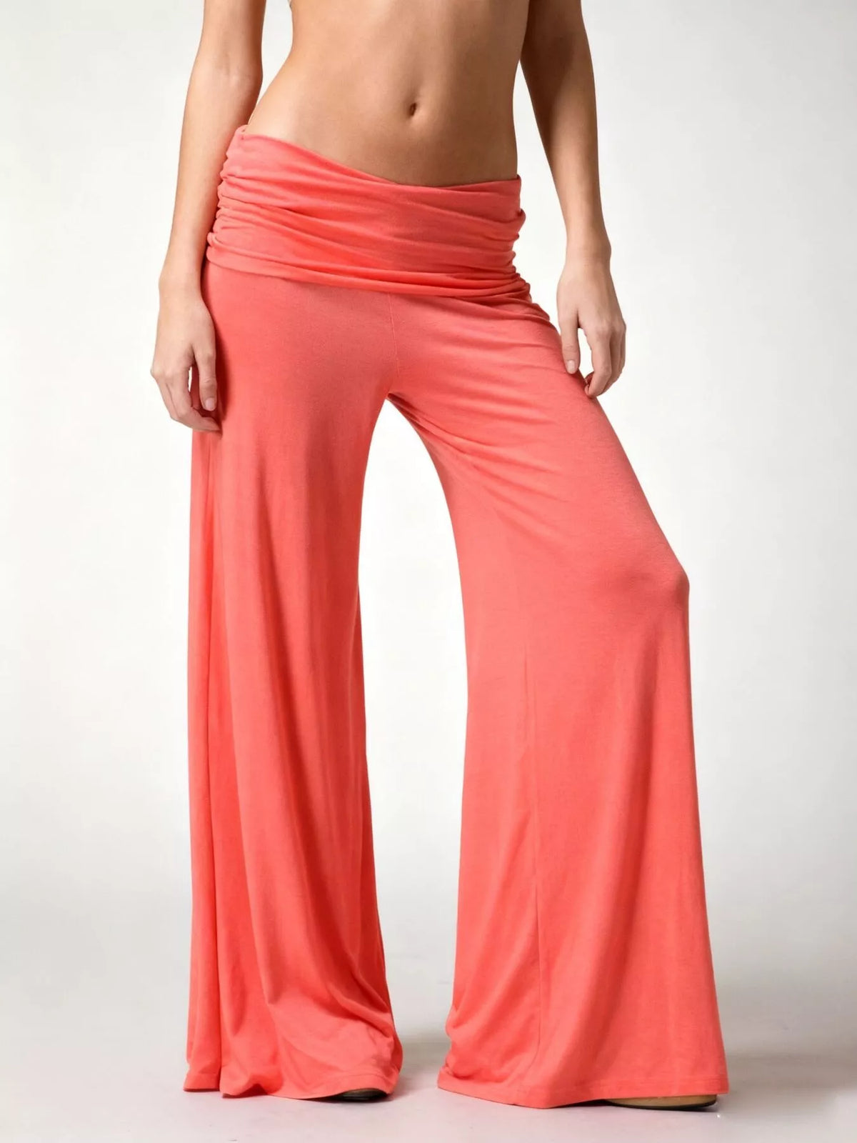 High-Waisted Fold-Over Wide Leg Active Pants - Orange - View 1