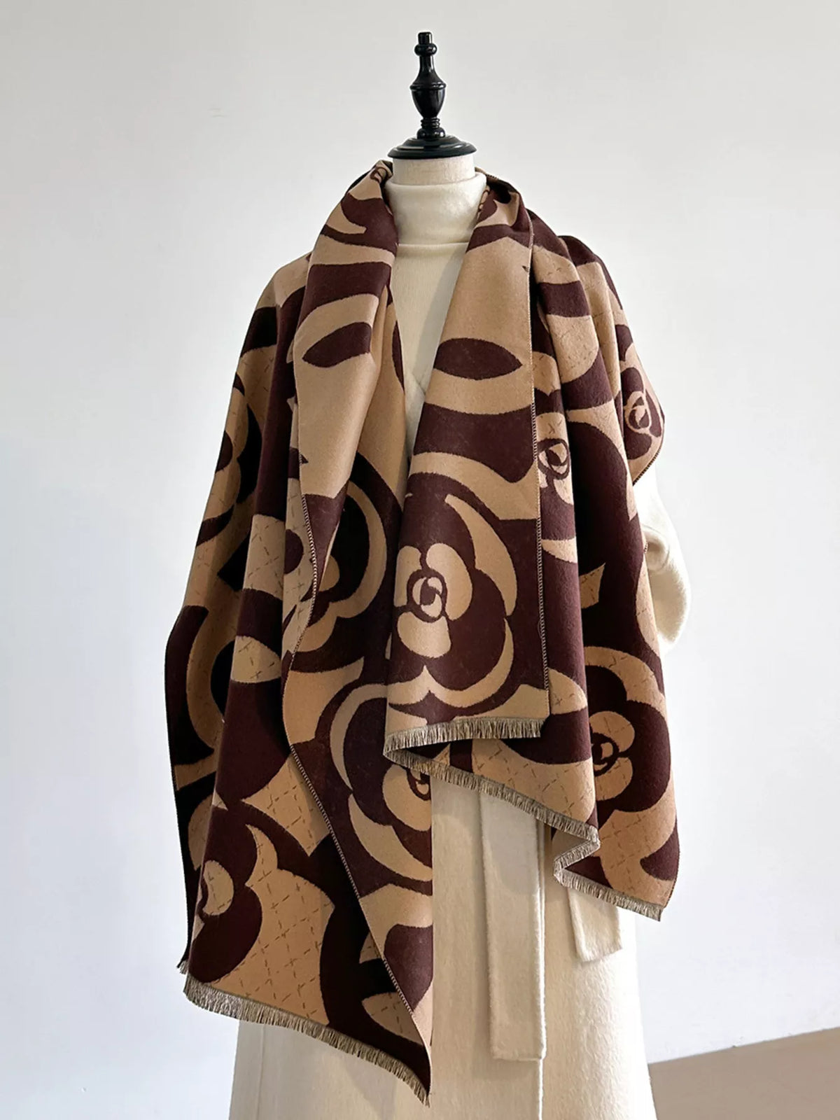 Floral Patterned Warm Scarf - Brown - View 7