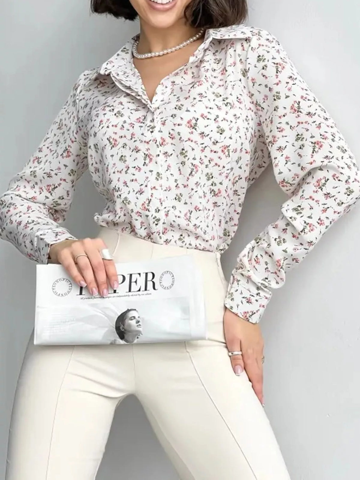 Button Up Long-Sleeve Shirt - White-Ditsy Floral - View 31
