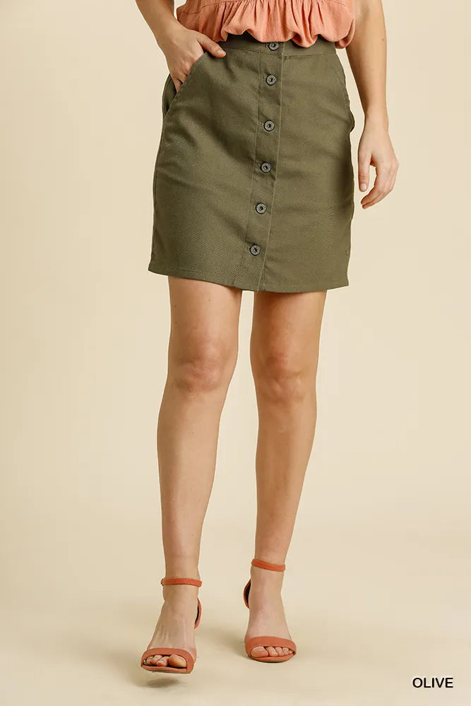 Umgee Button Down Skirt with Pockets - Olive - View 1