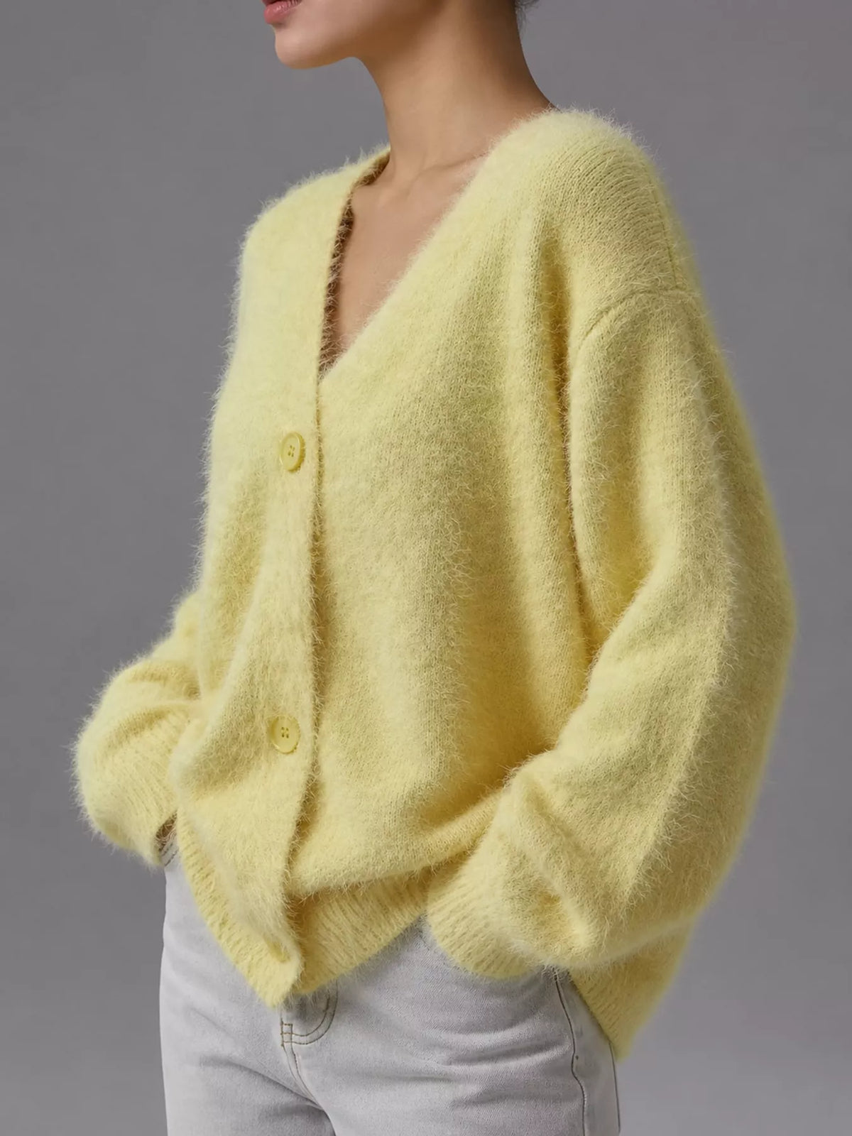 Fuzzy V-Neck Button-Down Cardigan - Yellow - View 23