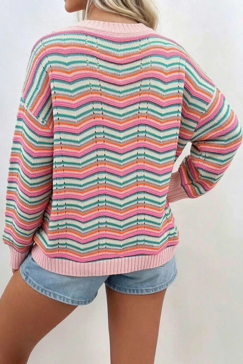 Chevron Striped Knit Sweater - Dusty Pink - View 2