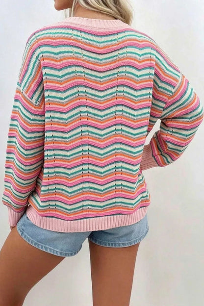 Chevron Striped Knit Sweater - Dusty Pink - View 2