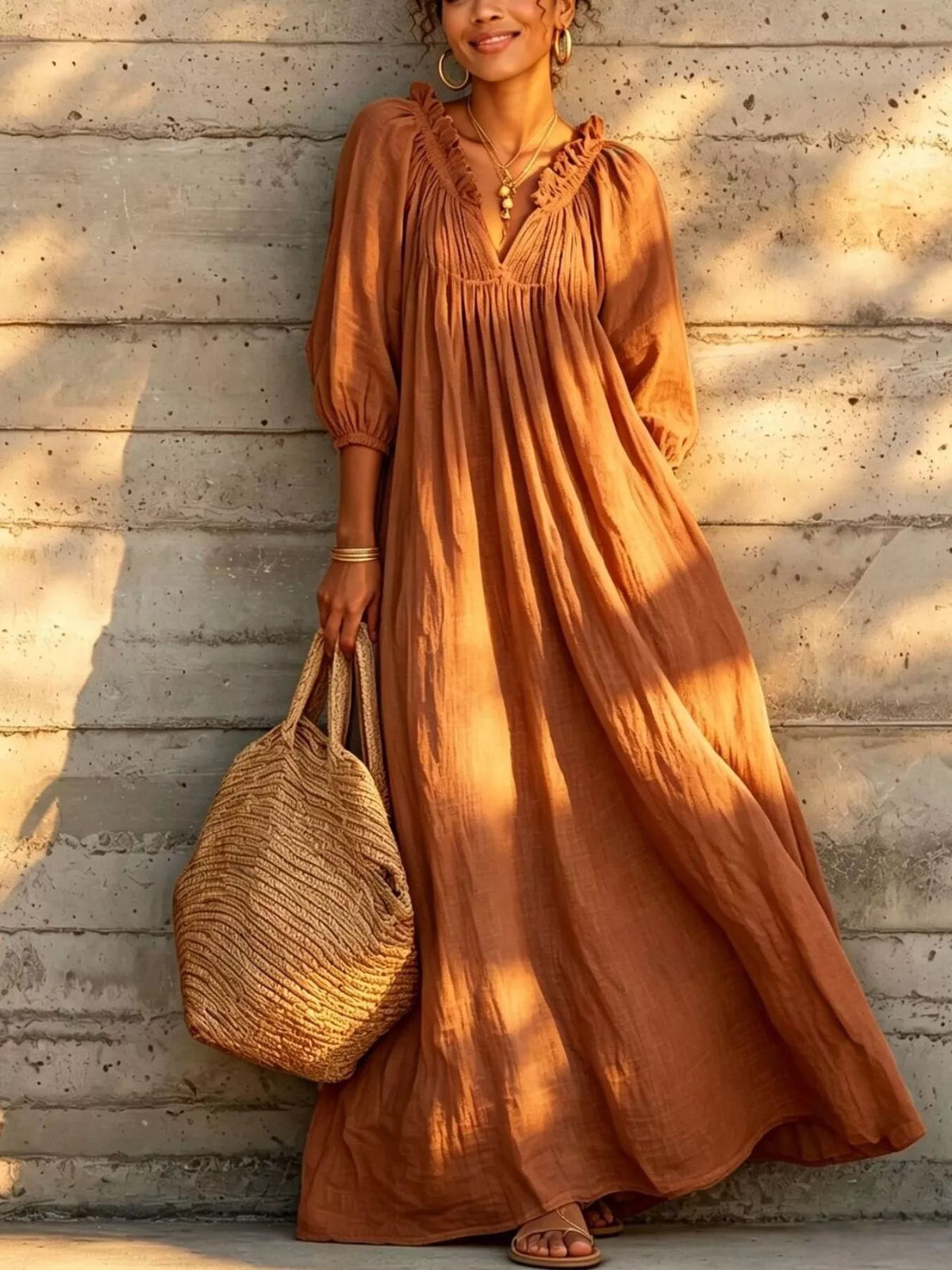 Tiered Notched 3/4 Sleeve Maxi Dress - Ochre - View 1
