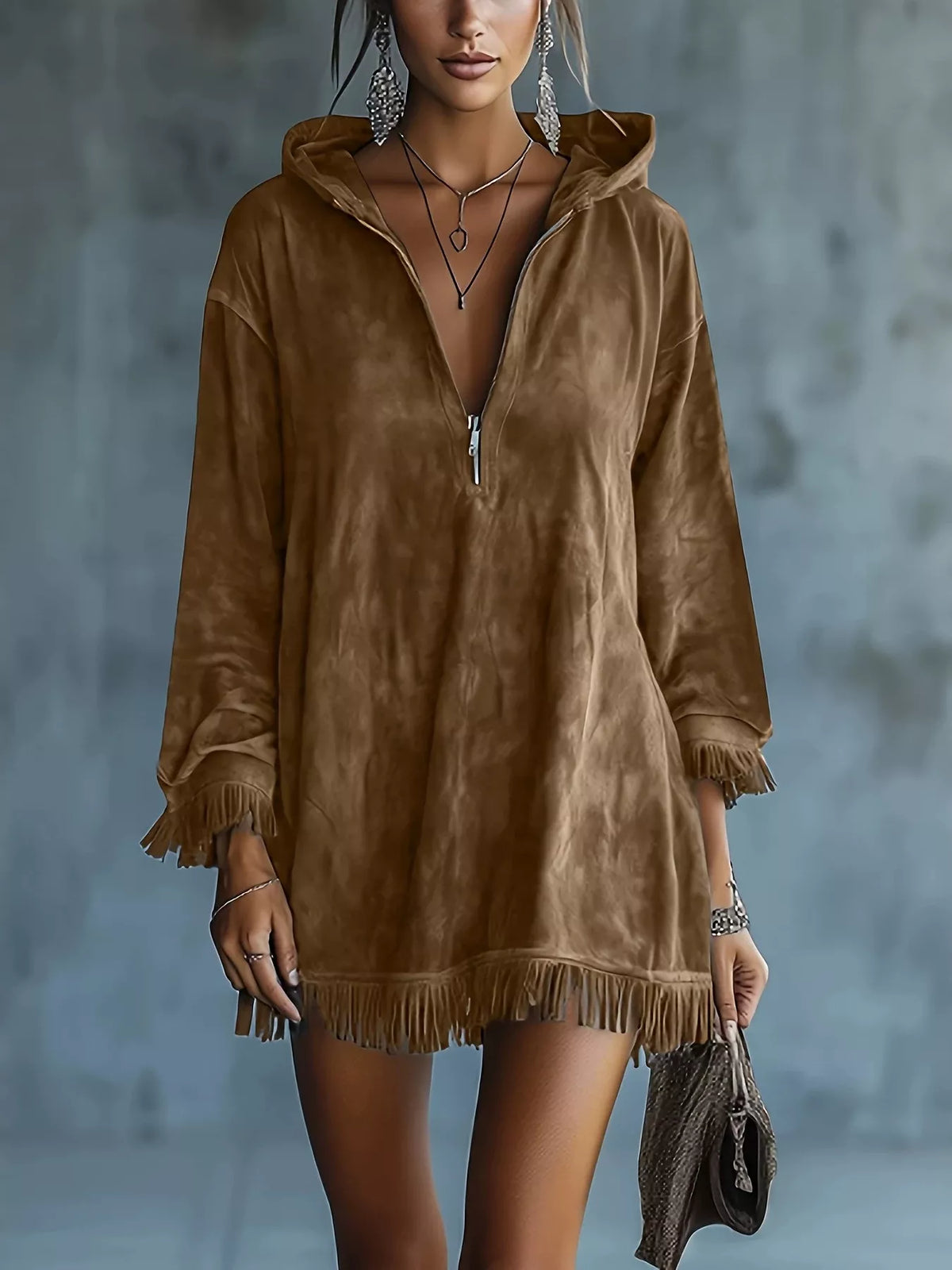 Full Size Hooded Fringed Half Zip Mini Dress Plus Size - Brown - View 1