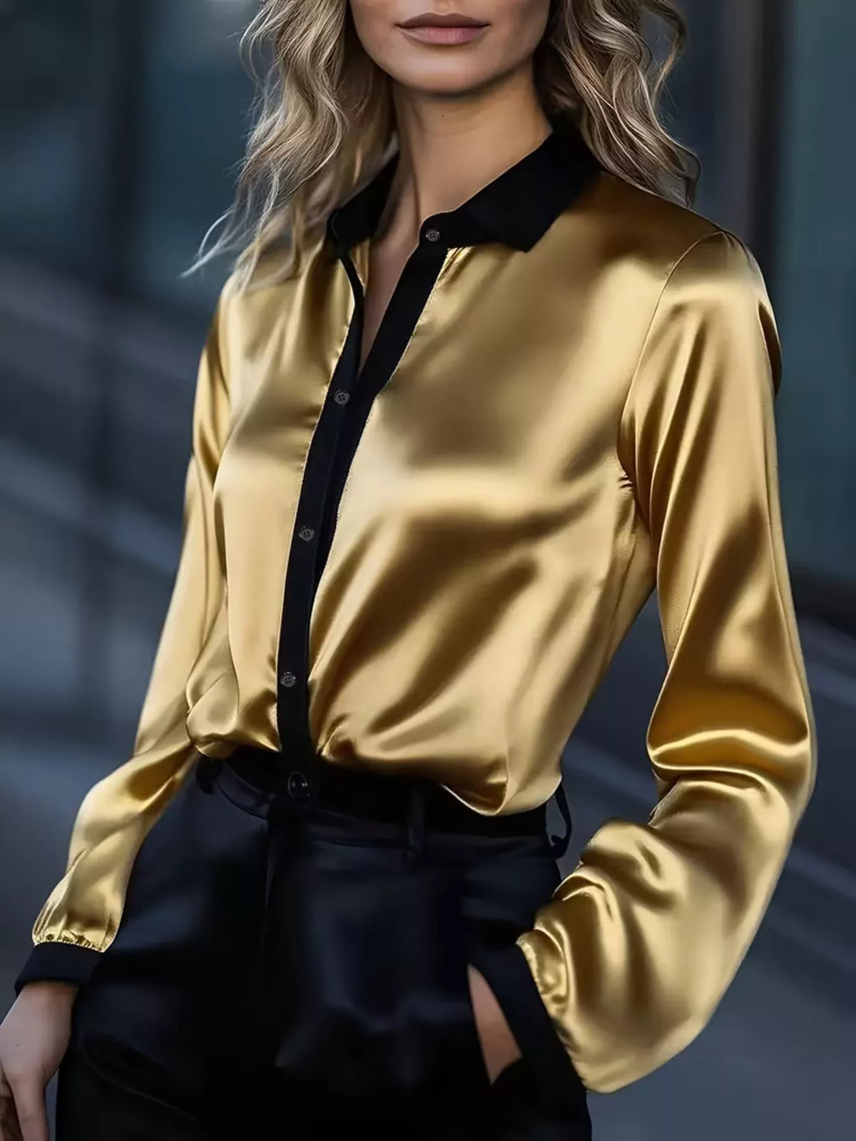Button Up Long Sleeve Shirt - Gold - View 5