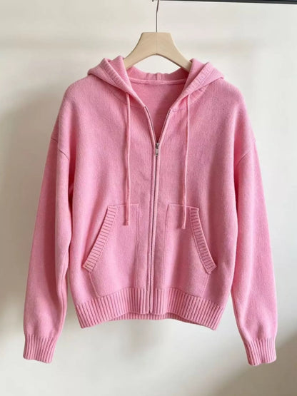 Zip-Up Hooded Knit Cardigan - Pink - View 2
