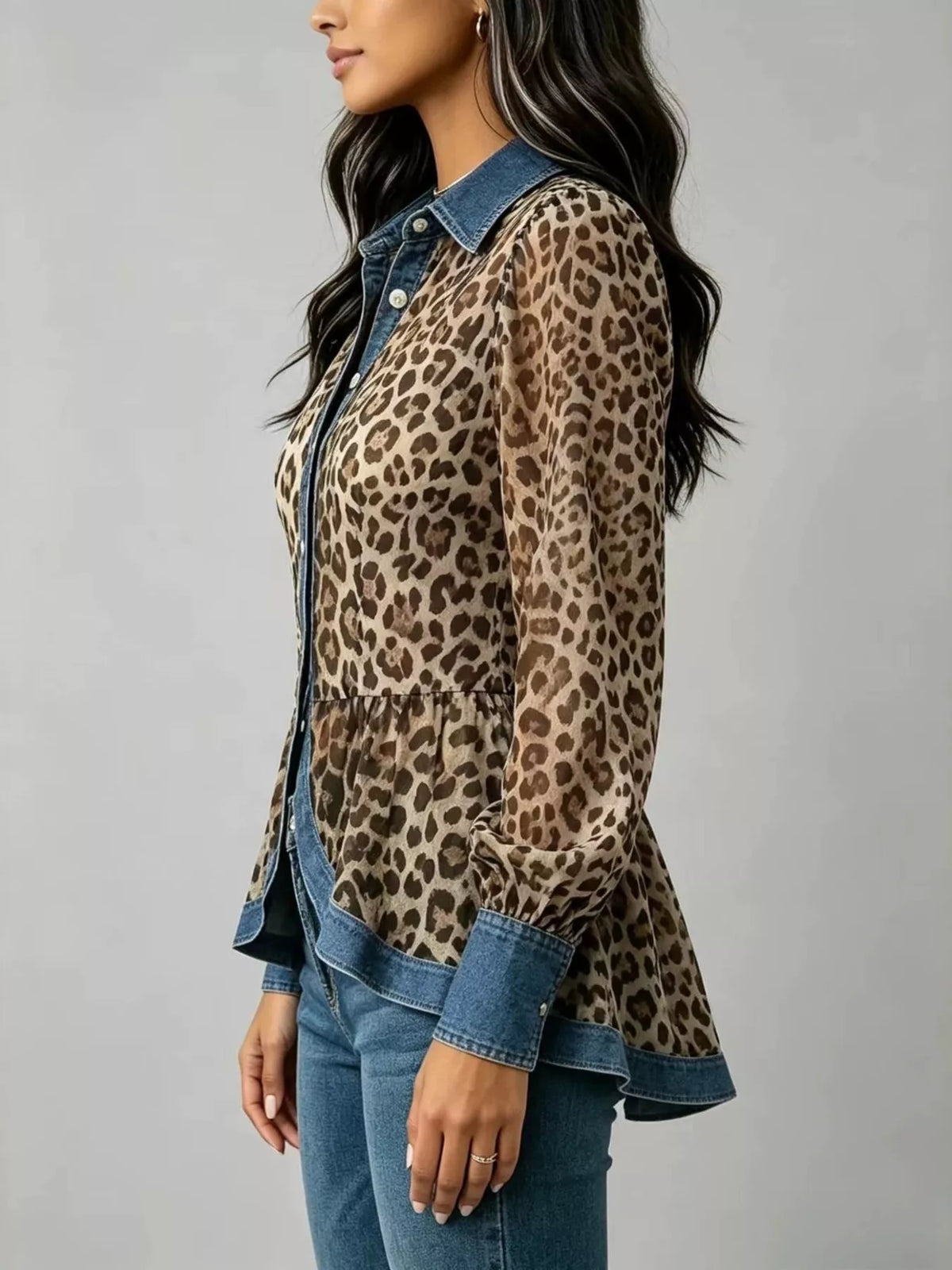 Denim Contrast Trim Leopard Shirt - Leopard - View 3