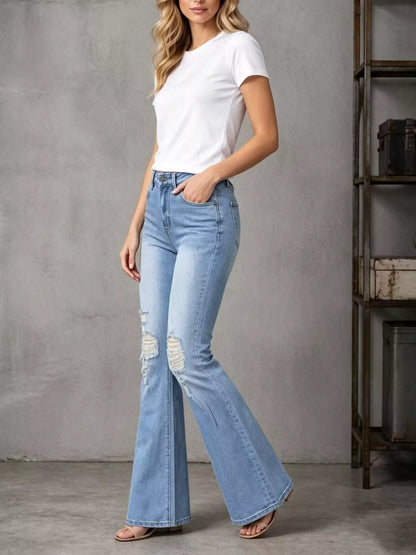 High-Waisted Distressed Flare Jeans - Light Blue - View 4