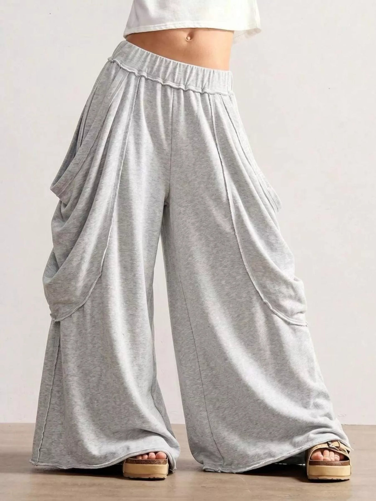 Oversized Wide-Leg Cargo Pants - Light Gray - View 1