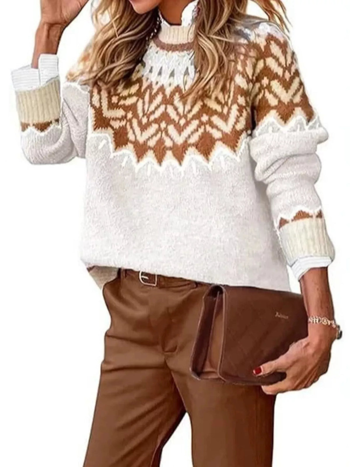 Full Size Fair Isle Patterned Long Sleeve Sweater Plus Size - White - View 1