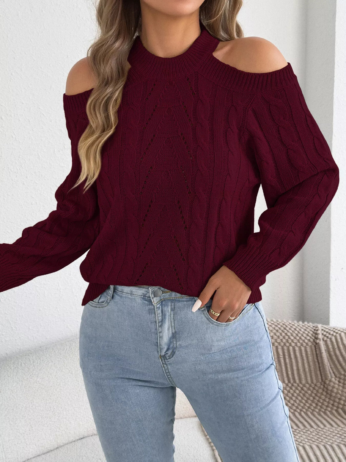 Cold Shoulder Cable Knit Sweater - Burgundy - View 6
