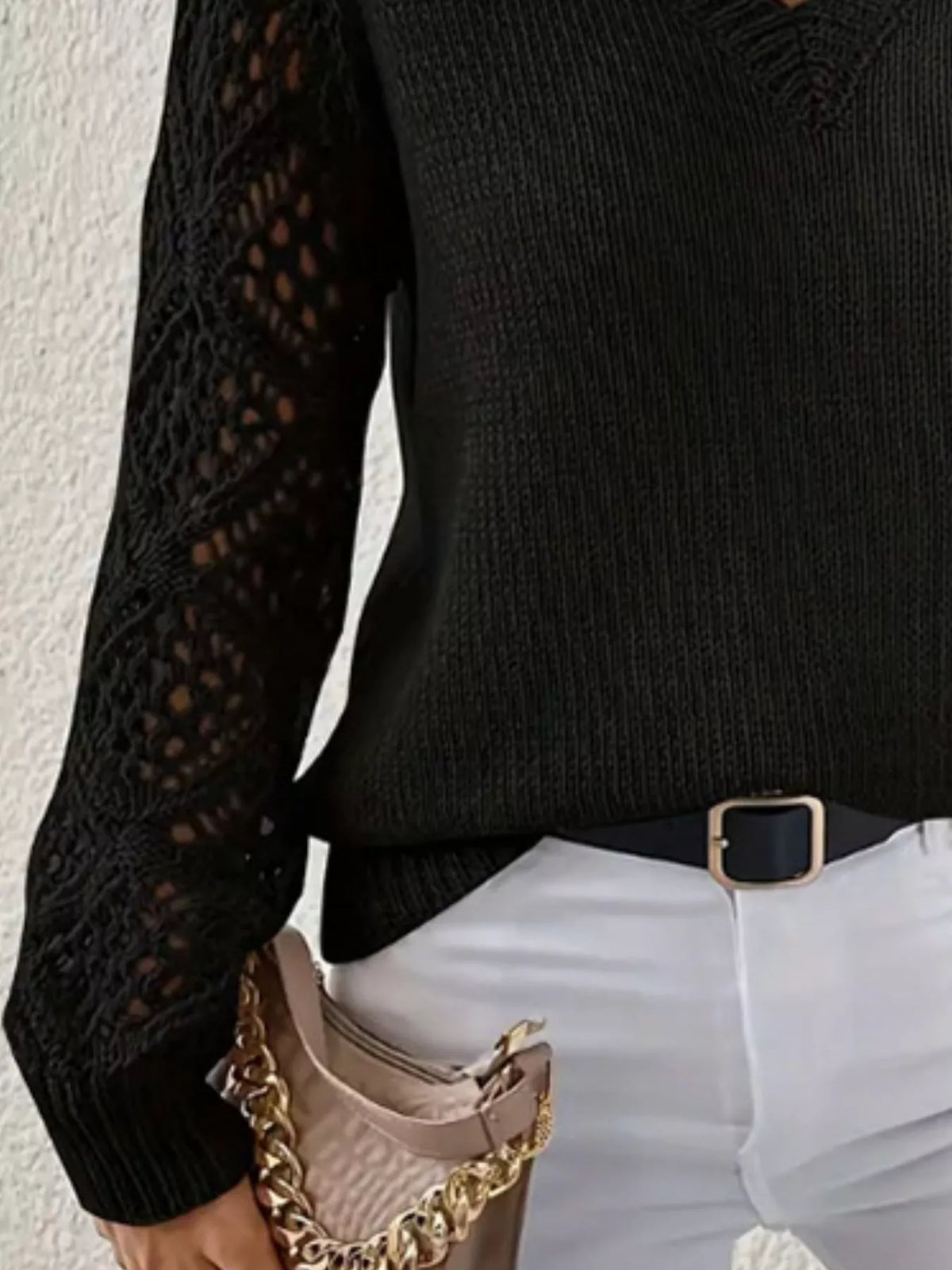 V-Neck Hollow-Out Sleeve Knit Sweater - Black - View 5
