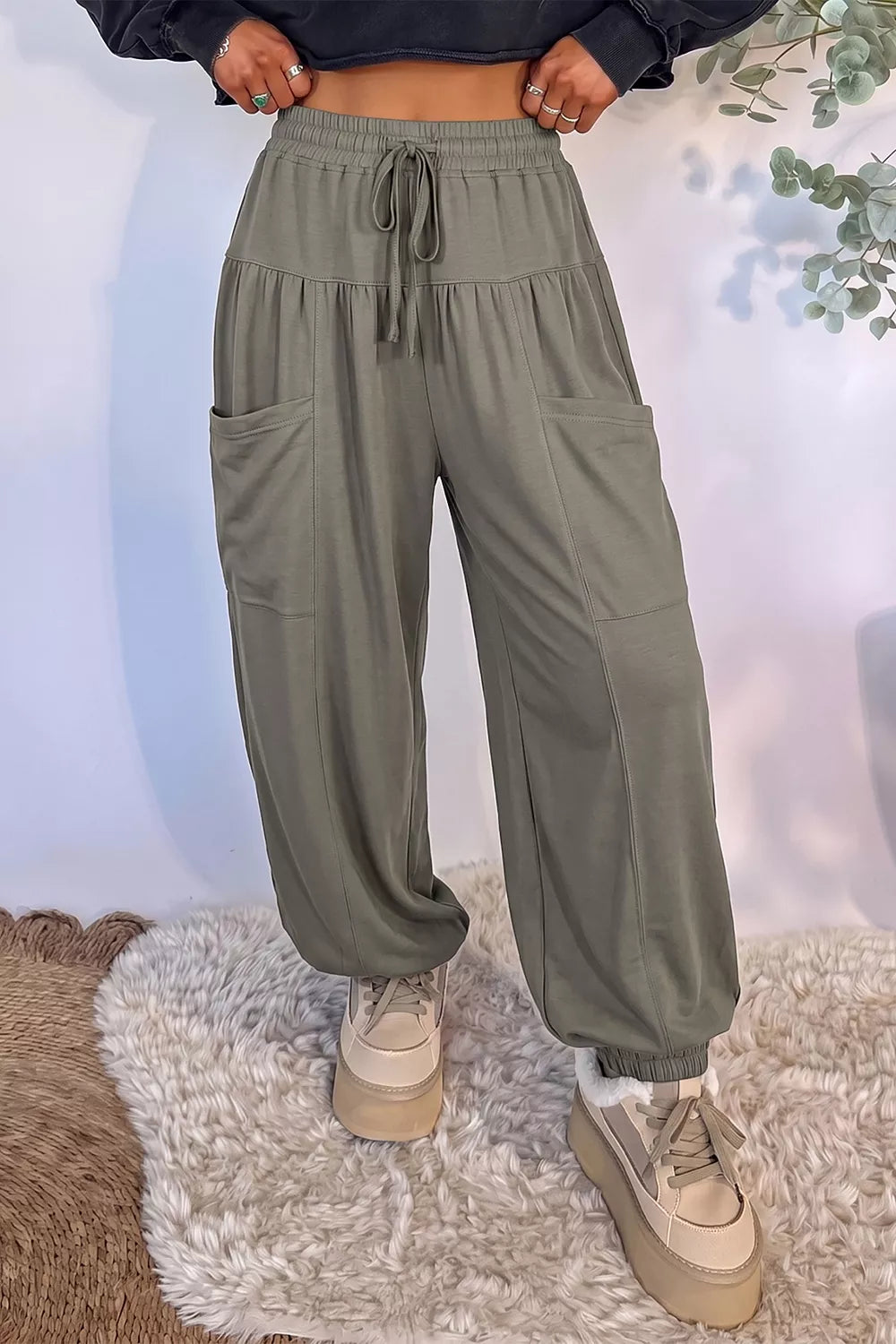 Elastic Waist Drawstring Wide Leg Full Length Pants - Army Green - View 3