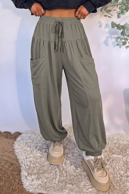 Elastic Waist Drawstring Wide Leg Full Length Pants - Army Green - View 3