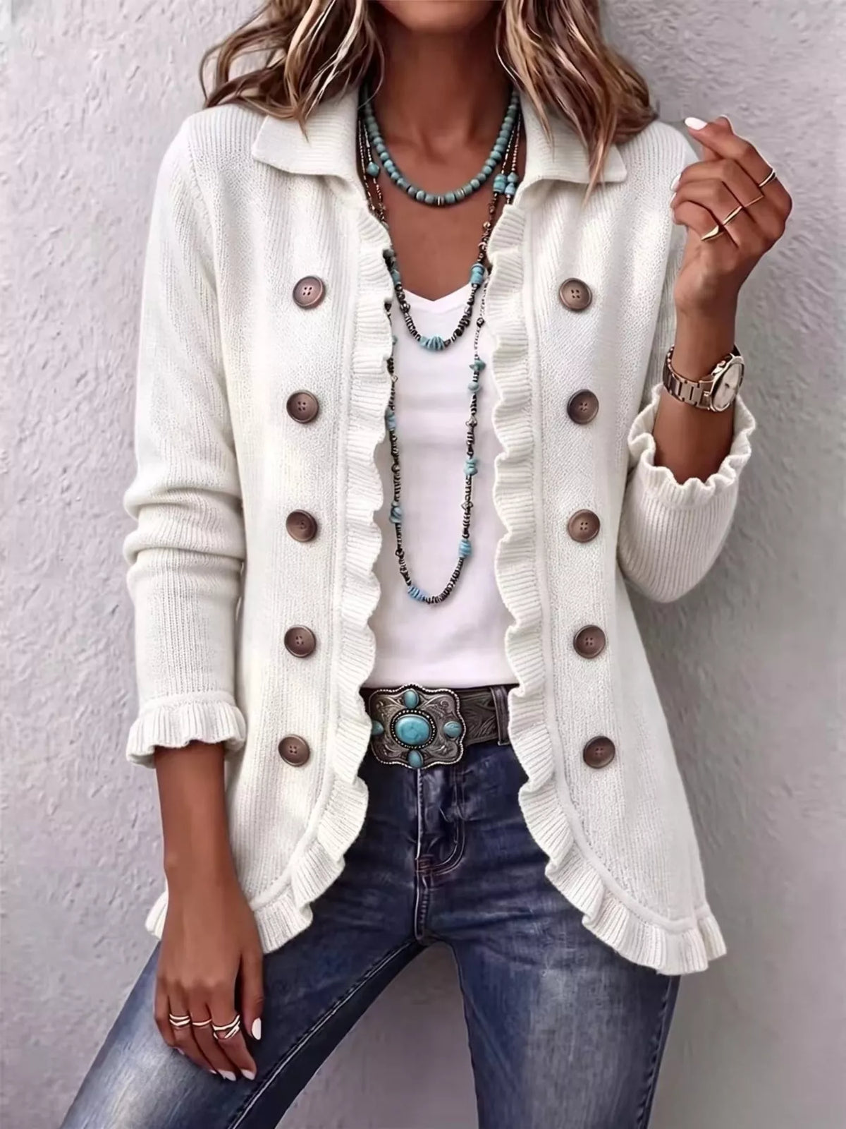 Full Size Ruffled Trim Decorative Button Cardigan Plus Size - White - View 1